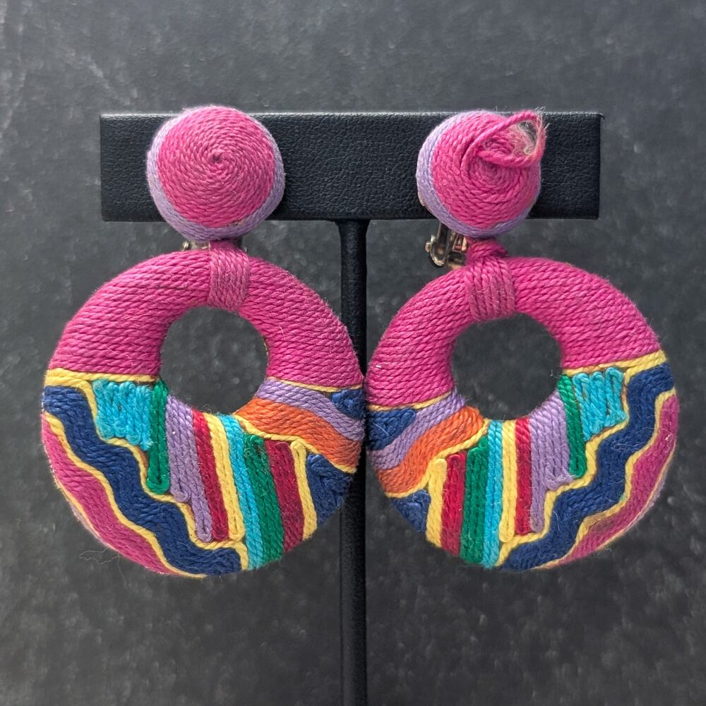 Vintage Clip On Earrings Pink & Multi Color Drop Dangle - Repair Needed